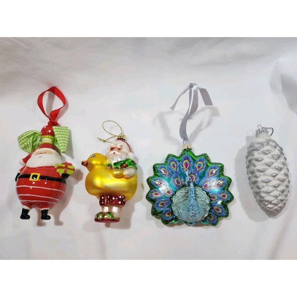 (3)Christmas Bead & Sequin & (1) Glass Ornament~Santa, Santa W/Duckie,Peacock